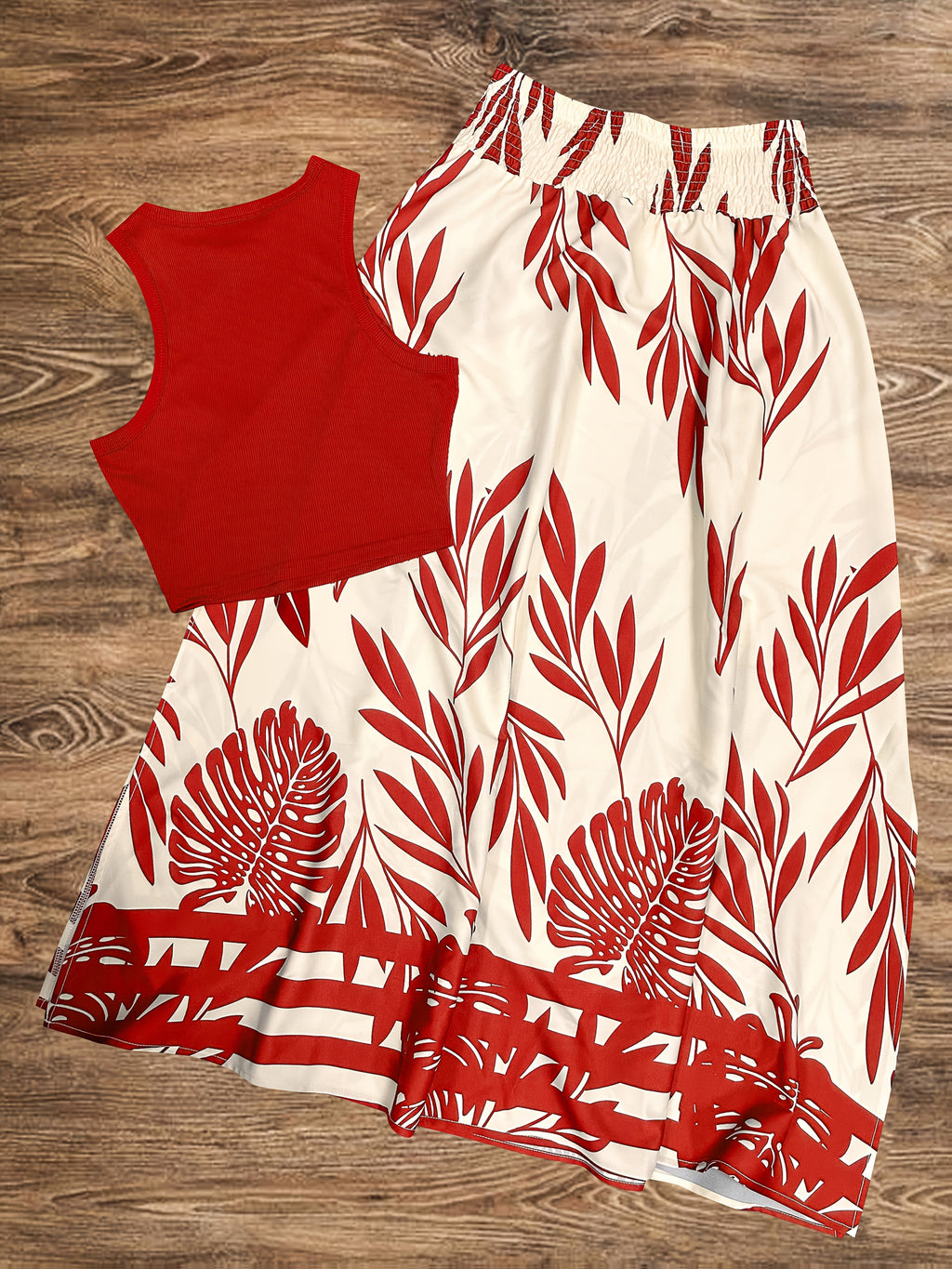 Summer Women'S Daily Vacation Floral Print Skirt And Solid Color Sleeveless Top 2pcs Set - Red+red apricot