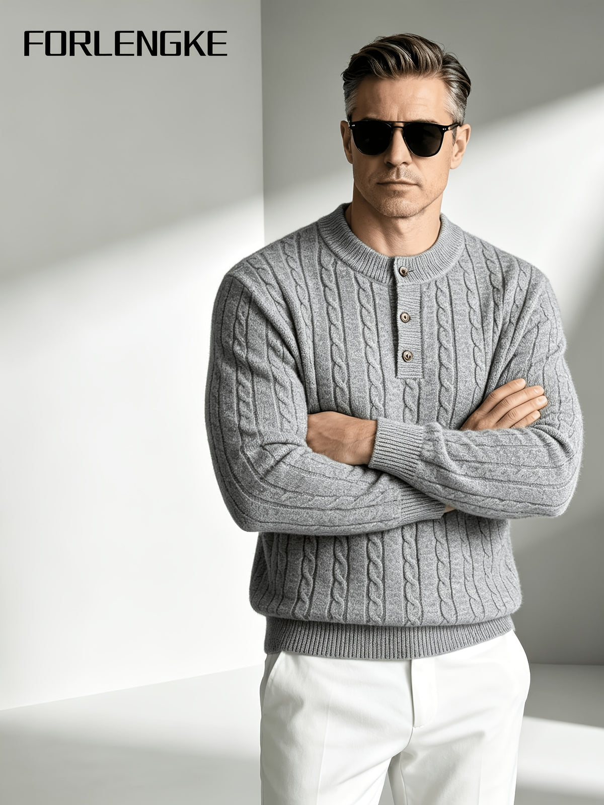 FORLENGKE Men'S Vintage Cable Knit Henley Sweater, Soft Warm Half-Button Pullover for Autumn Winter Daily Business Wear - Grey