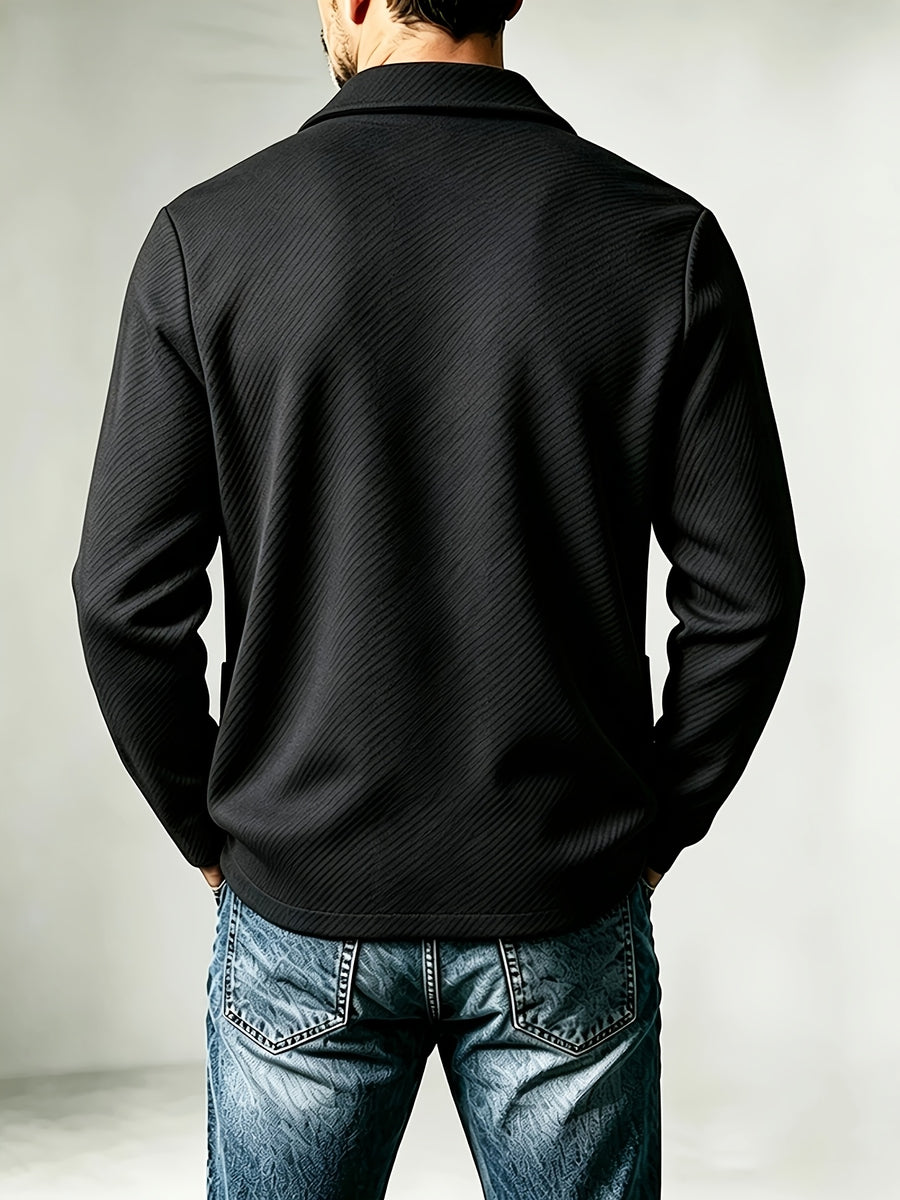 Men'S Spring Autumn New Pinstripe Textured Fabric Blazer Collar Cardigan Single Button Double Pocket Business Casual All-Match Long Sleeve Jacket, Knit Soft Comfortable Fashion Solid Color Outerwear Suitable for Daily Outings, Dates, Holidays - Black