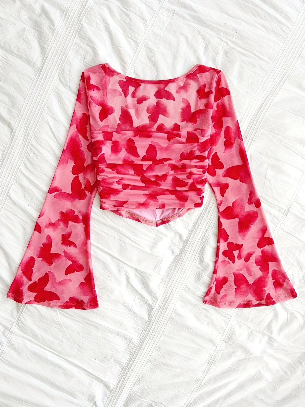 Women's Casual Vacation Mesh Red Insect Butterfly Print Square Neck Long Sleeve Cuffed T-Shirt - Mixed colors
