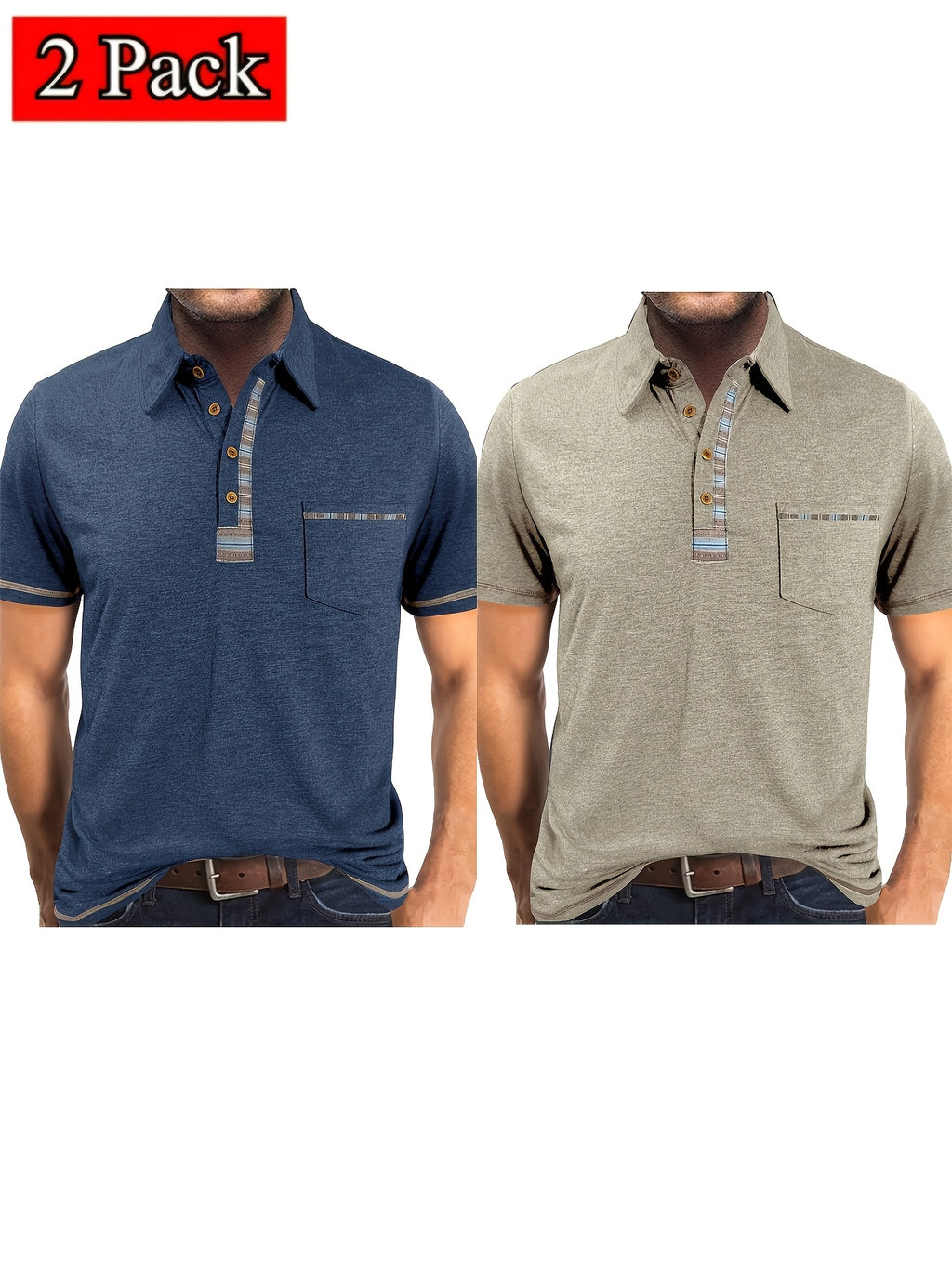 Set of 2 Men'S Short-Sleeve Polo Shirts, Casual Vintage Collared Pocket Tees, Henley Shirts - Navy Blue + Apricot