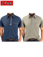 Set of 2 Men'S Short-Sleeve Polo Shirts, Casual Vintage Collared Pocket Tees, Henley Shirts - Navy Blue + Apricot