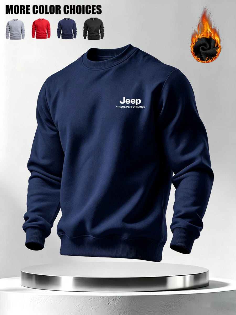 Autumn Winter Men'S Thickened Fleece Round Neck Sweatshirt JEEP Letter Print Loose Long Sleeve Pullover 4 Colors Available Soft Skin-Friendly Daily Commute Inner Outerwear All-Match Warm Casual Base Layer Top - Navy Blue A