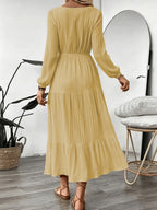 Women's Vacation Style Dress, Elegant and Fashionable V-Neck Lace Long Sleeve Maxi Dress - Lemon Yellow
