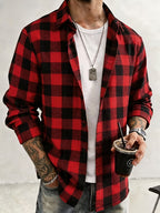Men's Classic Red Plaid Lapel Shirt, Long-Sleeve Fashion Top for Spring and Autumn, Suitable for Outdoor Vacation Apparel and Daily Wear - Red And Black Grid