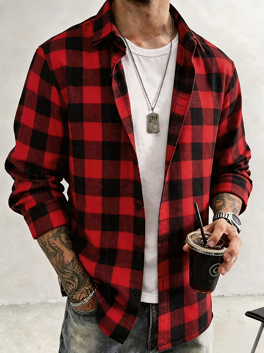 Men's Classic Red Plaid Lapel Shirt, Long-Sleeve Fashion Top for Spring and Autumn, Suitable for Outdoor Vacation Apparel and Daily Wear - Red And Black Grid