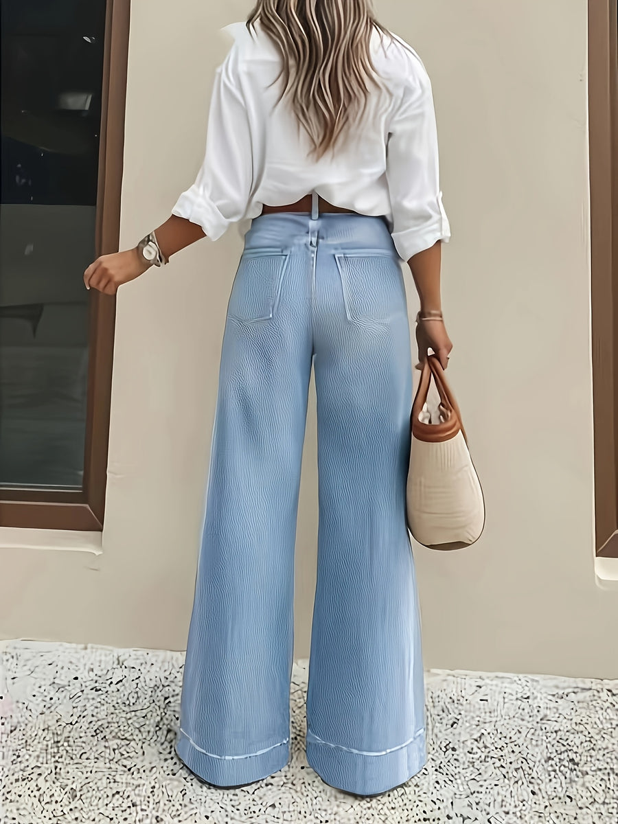 Women's Light Blue Stretch Jeans with a Wide-leg Hem, Elasticated Body-hugging Fit, Soft Washed Denim, Suitable for Both Work and Casual Wear, Stylish and Versatile - Light Blue