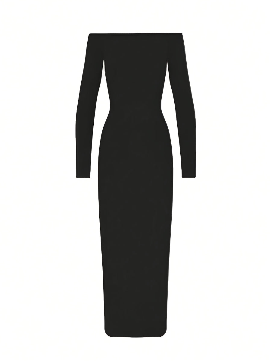 Women'S Spring Summer Elegant Off-Shoulder Long Sleeve Maxi Dress Bridesmaid Gown - Black