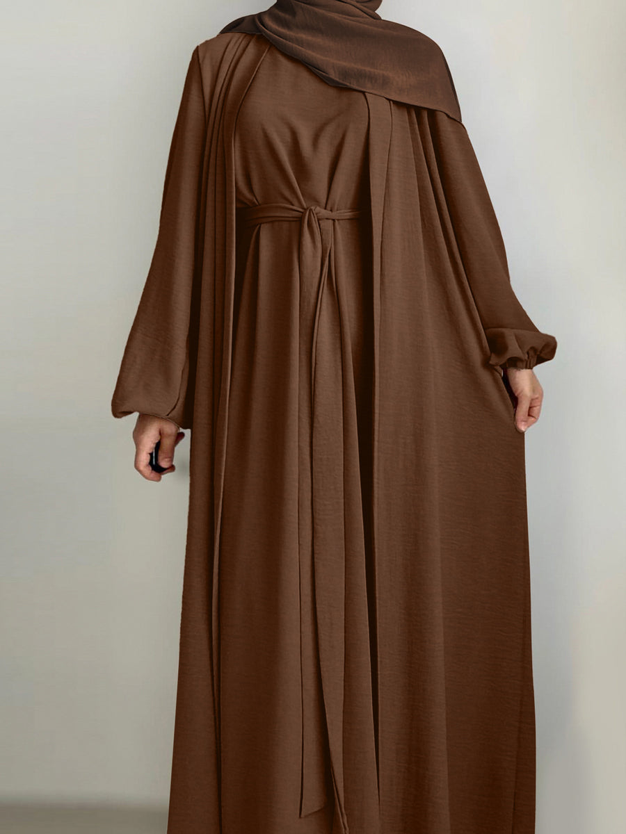New Middle Eastern Dubai 3pcs Abaya Set - Women'S Traditional Belted Waist Dress with Cardigan And for Ramadan - Coffee Color