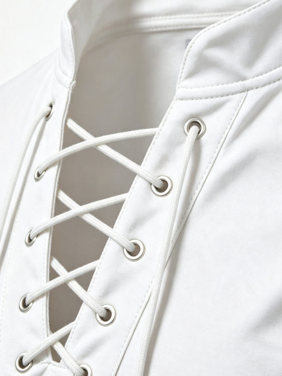 2026 New Men'S Casual Outdoor Tie-Neck Polo Shirt - K, Long Sleeve for All Seasons, Button-Less Design with Cross Drawstring, Stand Collar, Breathable And Comfortable, Quick-Dry - White