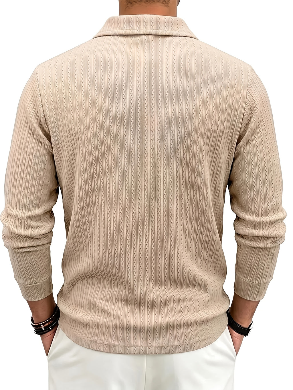 New Autumn Winter Men'S Fashion Casual Outdoor Jacquard Lapel Button-Up Long Sleeve Henley Shirt, Boyfriend Birthday Gift - Khaki