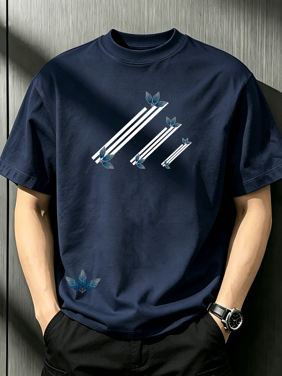 Men'S Crew Neck Loose T-Shirt with Staggered Slanted Stripes And Blue Maple Leaf Print, Fresh Artistic Style, Versatile Breathable Short Sleeve Top for Summer Daily Casual Wear - Navy Color