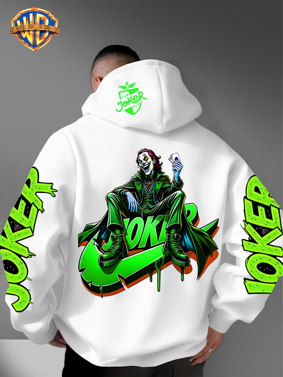 Warner Bros. American Trendy and Cool Hook, Hisley Jay Joker, JOKER Splashed Ink Graffiti Print Hooded Sweatshirt, with Adjustable Drawstring, Comfortable and Warm, Fashionable and Versatile Men's Casual Sweatshirt - White