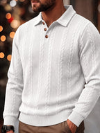1pc Autumn Men'S Long Sleeve Plaid POLO Shirt Solid Stripe Retro Style Outdoor Sports Casual Pullover Top - White