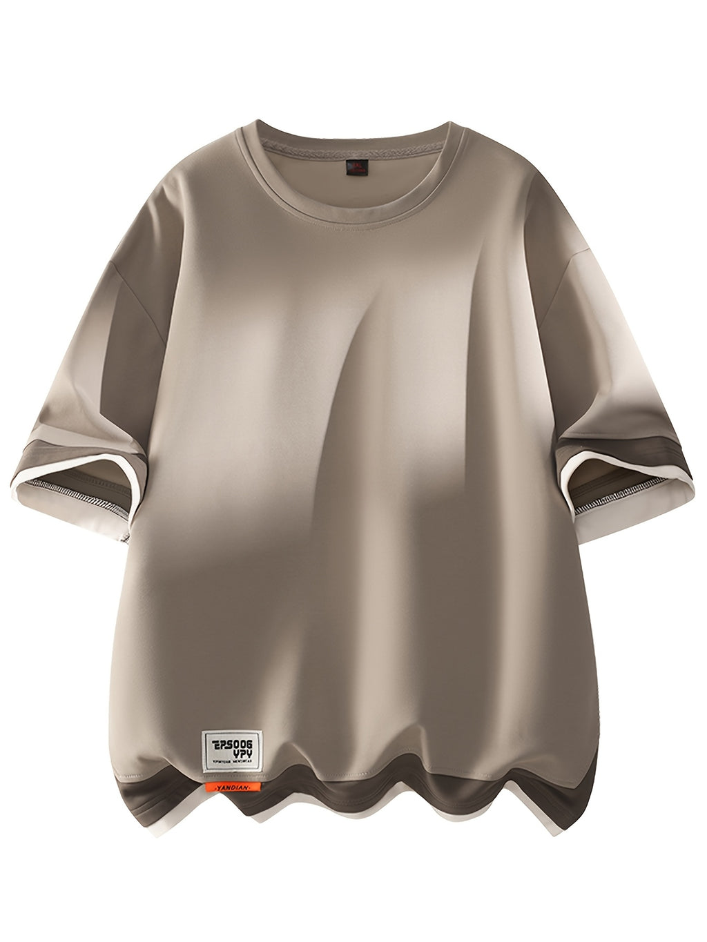 [Joshmay Obm] Summer Men'S Fake Two-Piece Contrast Short Sleeve T-Shirt, Loose Round Neck Trendy Casual Half Sleeve Top - Gray Apricot