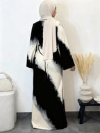 Minimalist Black And White Contrast Robe, Ink Wash Printed Cinched Dress, Gathering And Street Style Elegant Robe - Black