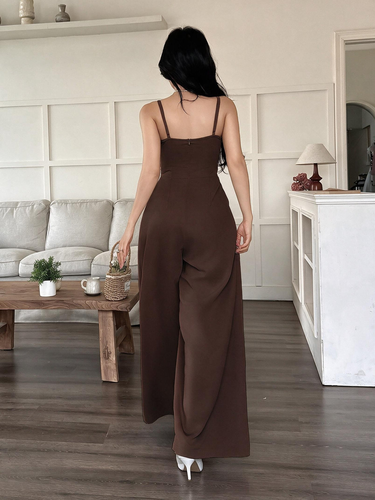 Wide-Leg Loose Solid Color with Ruched Design, Suitable for Summer Women'S Casual Wear - Coffee Color