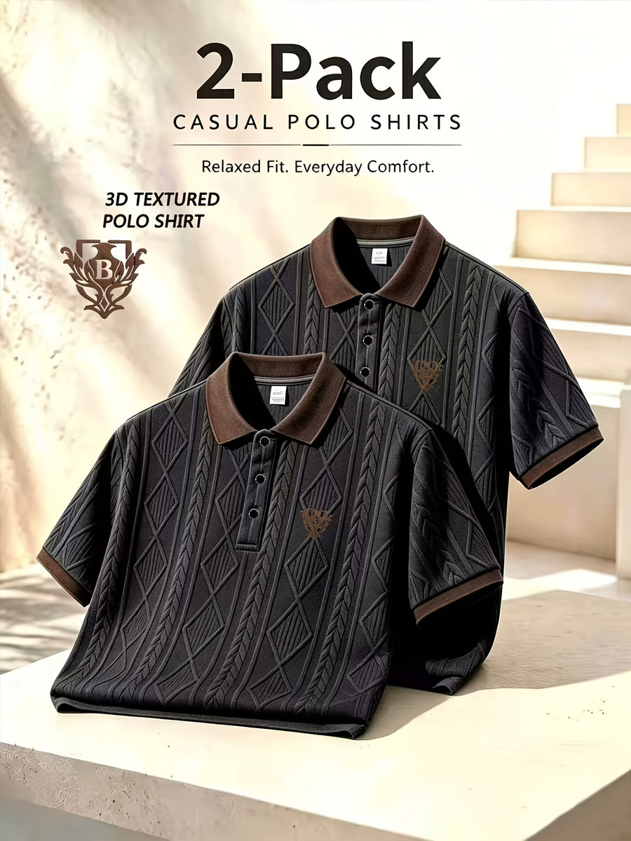 2pcs, High-Quality Men'S Short Sleeve Collared Casual Polo Shirts, 3D Foam Classical Vase Pattern, Textured Ribbed Fabric, Soft And Skin-Friendly Quick-Dry, 3D Cut, Understated And Tasteful. Suitable for Business Office, Outdoor Sports - Black+black