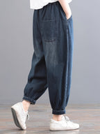 Women'S All-Season High-Waist Embroidered Loose Tummy-Control Distressed Casual Jeans, Fashion Elastic Waist Ankle-Cinching Straight Trousers, Lantern Pants, Harem Pants - Bright Steel Blue
