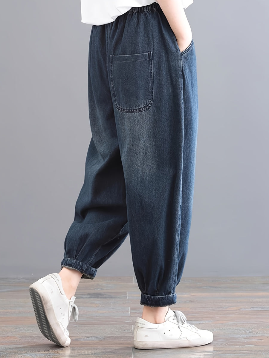 Women'S All-Season High-Waist Embroidered Loose Tummy-Control Distressed Casual Jeans, Fashion Elastic Waist Ankle-Cinching Straight Trousers, Lantern Pants, Harem Pants - Bright Steel Blue