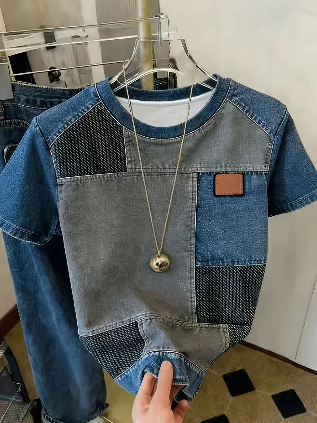 [Printed Pants - Not Faux Denim Fabric]Retro Distressed Faux Denim Patchwork Printed T-Shirt, Women'S Casual Short Sleeve Crew Neck Top, Street Style Design, Suitable for Daily Casual And Vacation Wear (Digital Print - Not Faux Denim) - Mixed colors