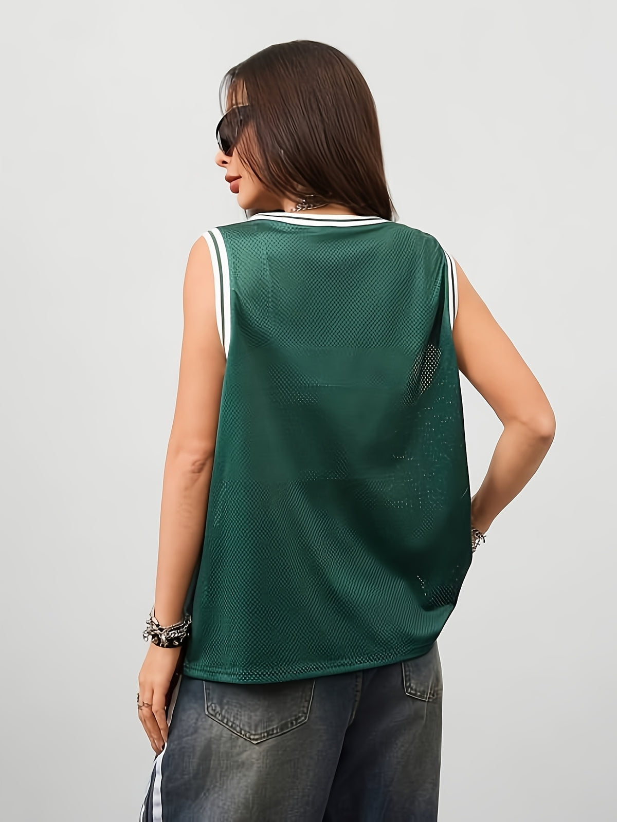 Women's Spring/Summer Street Style Breathable Mesh Digital Print Basketball Tank Top - fern green