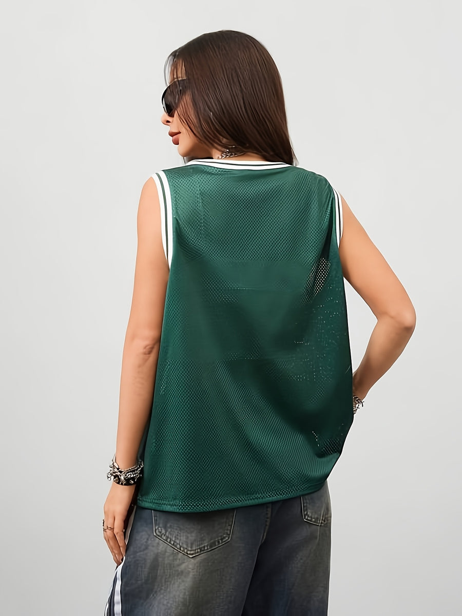 Women's Spring/Summer Street Style Breathable Mesh Digital Print Basketball Tank Top - fern green