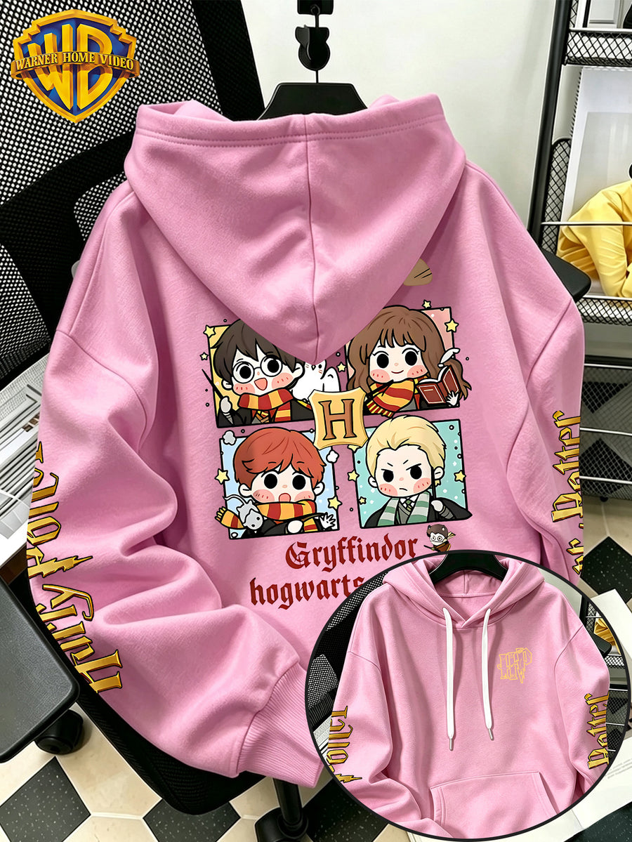 Warner Bros Official Q-Version Four-Panel Magic Boy Group Print Hoodie - Men's Fashion Hoodie with Adjustable Drawstring, Loose and Comfortable Sweatshirt, Suitable for Daily and Outdoor Sports Wear, the Perfect Choice for Warmth in Autumn - Pink Color