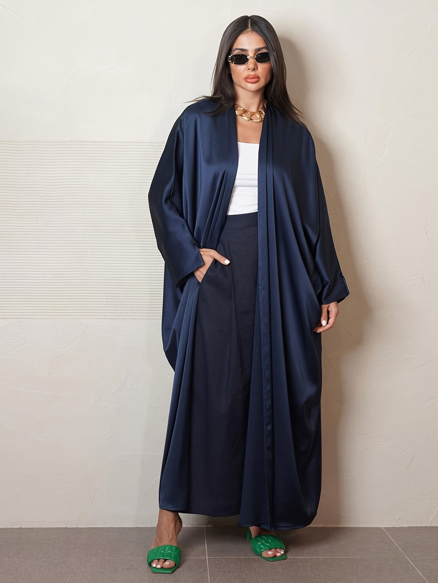 Middle East Special Muslim Fashion Women's Long Casual Satin Soft Robe Comfortable Minimalist Abaya with Sleeves - Blue