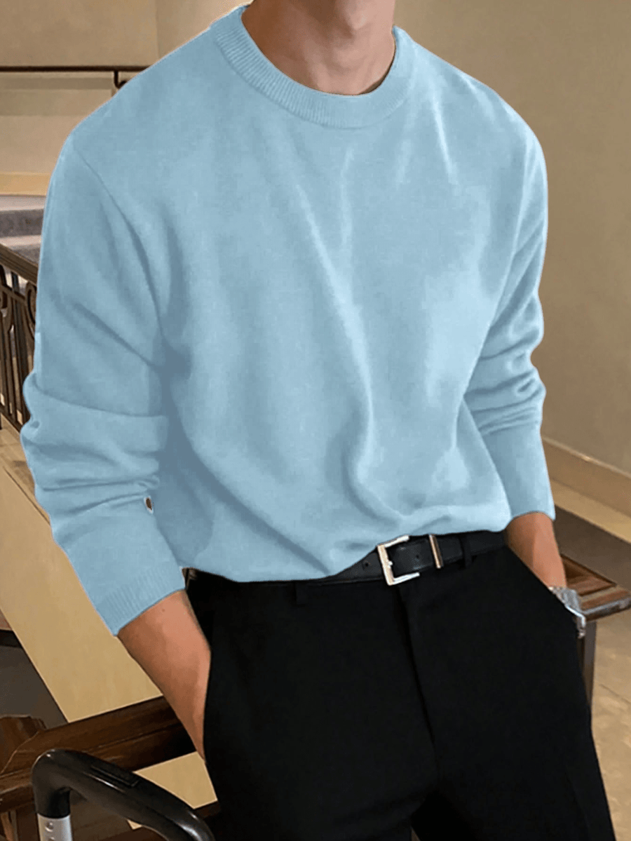 3pcs Men's Crew Neck Knit Sweaters, Autumn/Winter Versatile Solid Color Base Layers, Youth Simple Pullovers - Sky Blue + Coffee + Military Blue