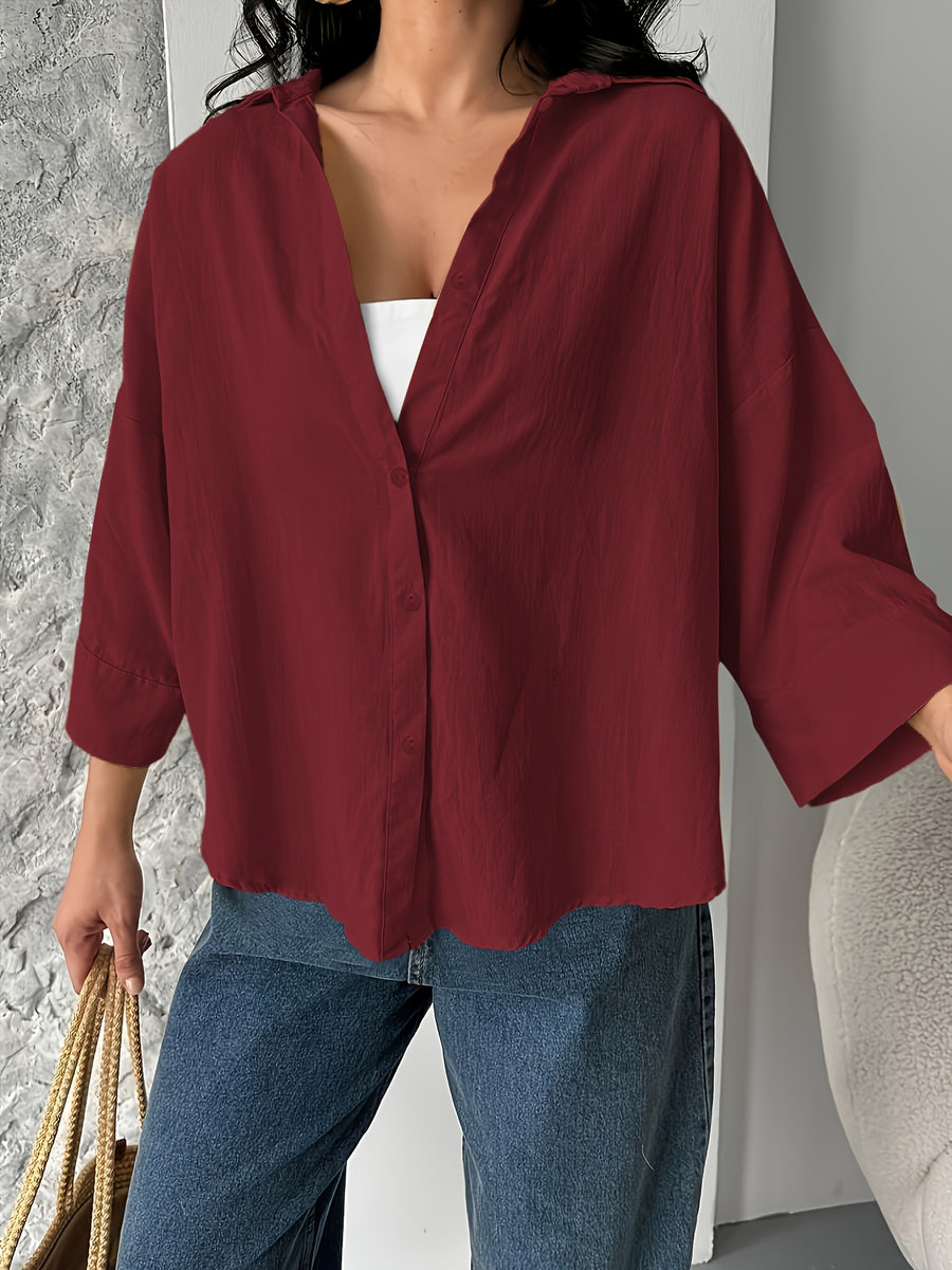 Fashion Spring Summer Women'S Off-Shoulder Puff Sleeve Button-Up Elegant Loose Shirt Lapel - Burgundy