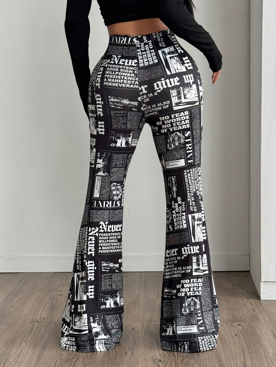 2026 New Women'S Elastic Waist Full Print Flare Leg Pants | Casual Long Length, Skinny Fit, All-Season Printed Trousers for Going Out - Mixed colors