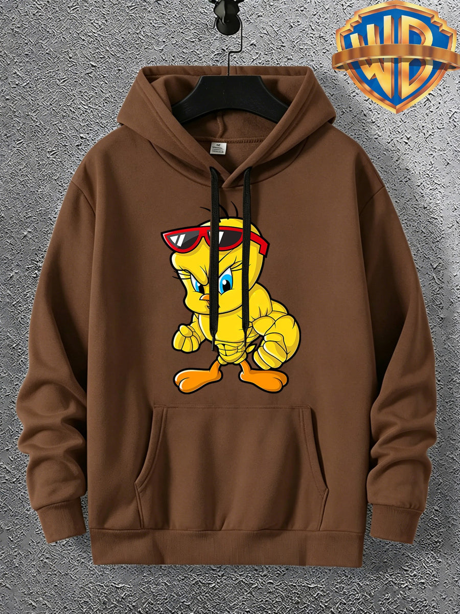 Warner Licensed Men'S Autumn Long Sleeve Hooded Sweatshirt, Durable Ribbed Cuffs, Breathable Polyester Fabric, Funny Muscle Bird Creative Cartoon Print, Suitable for Campus Youth Daily Wear, Class And Social Outings, Loose Drop Shoulder Cut - Coffee Color