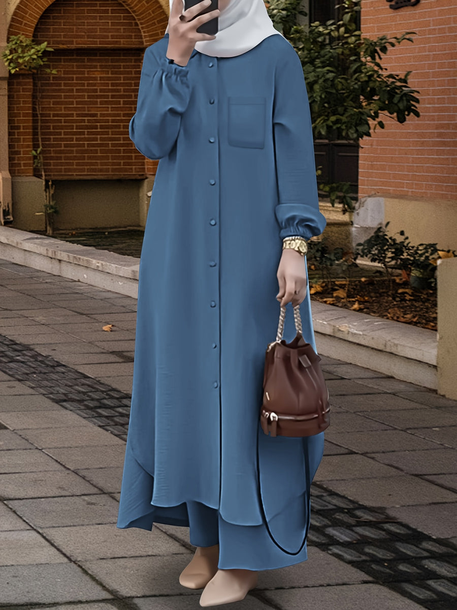 New Arabian 2pcs Abaya Set - Women'S Elegant Multi-Button Solid Color Long Sleeve Wide-Leg Trousers Without for Ramadan Spring Autumn Daily Commute - Royal Blue