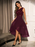 Women's Sleeveless Sequin-Embellished Dress with Elegant Pleats and Round Neck, Solid Color, Suitable for All Seasons, Featuring Sparkling Details - Burgundy
