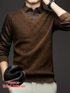 Men'S Fleece Fake Two-Piece Sweater, Plaid Lapel with Diamond Jacquard Design, Business Casual Warm Knit Top, Inner Thick Base Layer Shirt, Suitable for Men'S Commute And Casual Wear - Coffee Color
