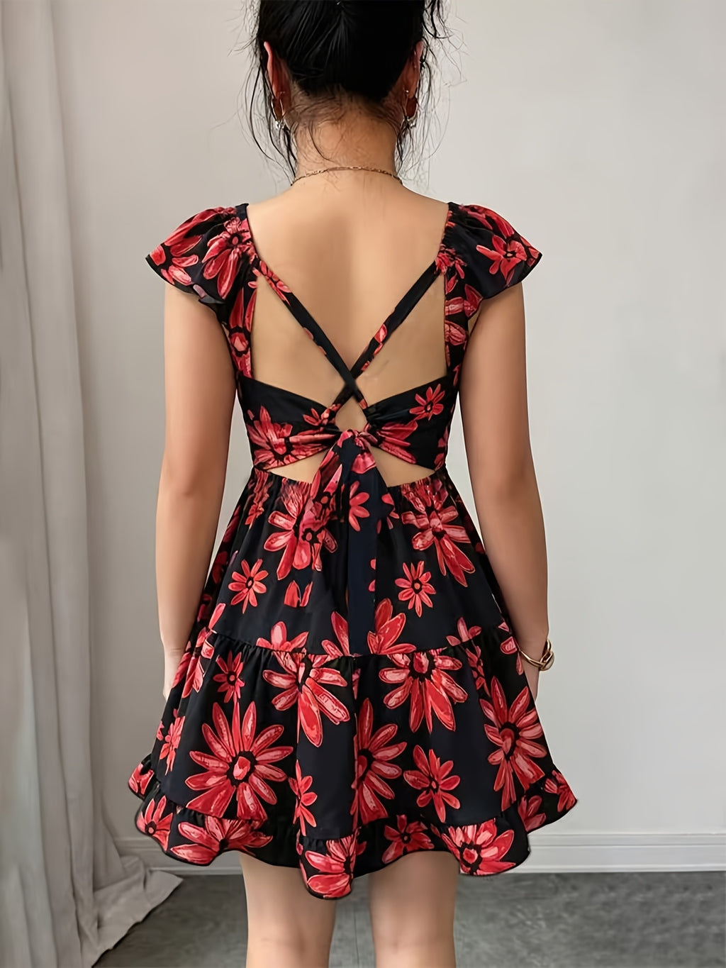 Women's Elegant Black and Red Summer Bohemian Style Vacation Backless Ruffle Sleeve Cross-Back Tie-Waist A-Line Printed Mini Dress - Mixed colors