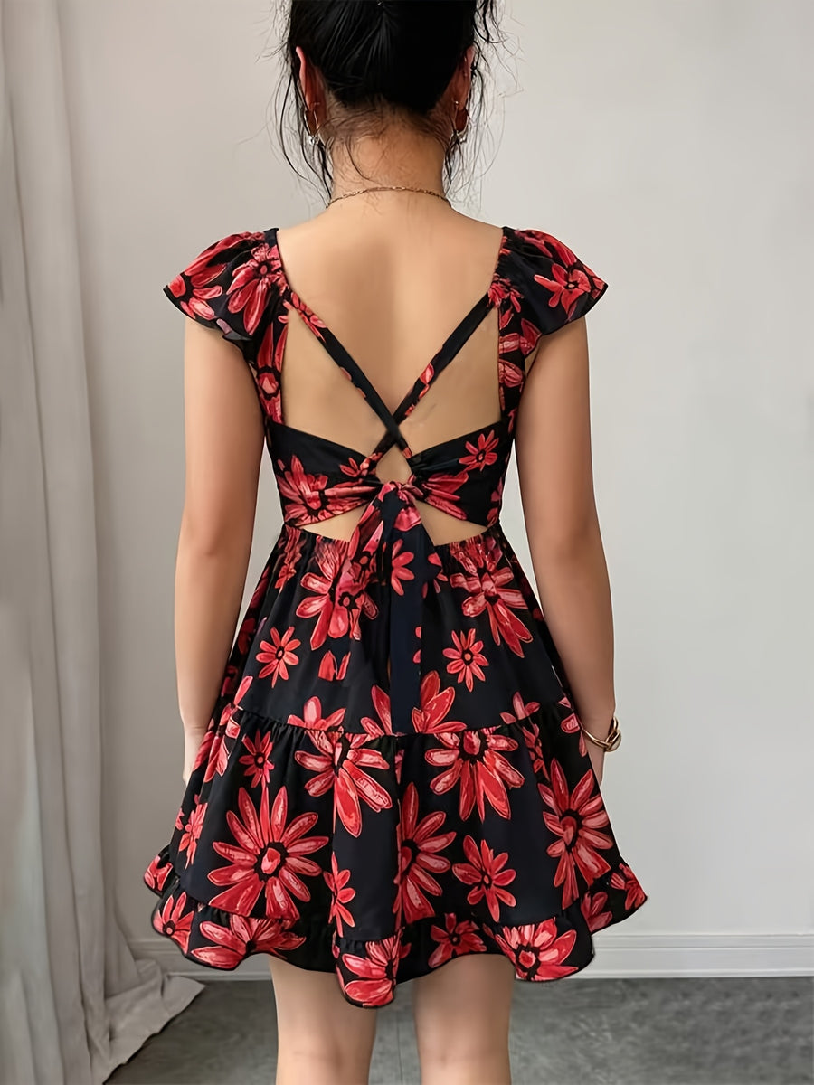 Women's Elegant Black and Red Summer Bohemian Style Vacation Backless Ruffle Sleeve Cross-Back Tie-Waist A-Line Printed Mini Dress - Mixed colors
