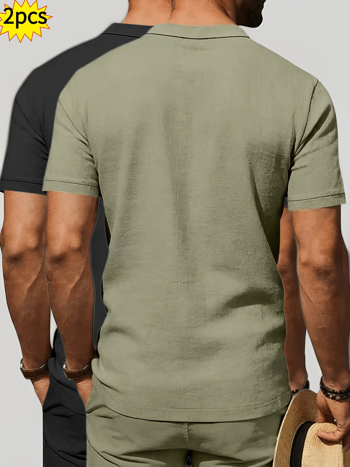 2pcs Summer Cooling Linen Polo Shirt Set, Men'S Breathable Solid Casual Shirts - Army Green+Black