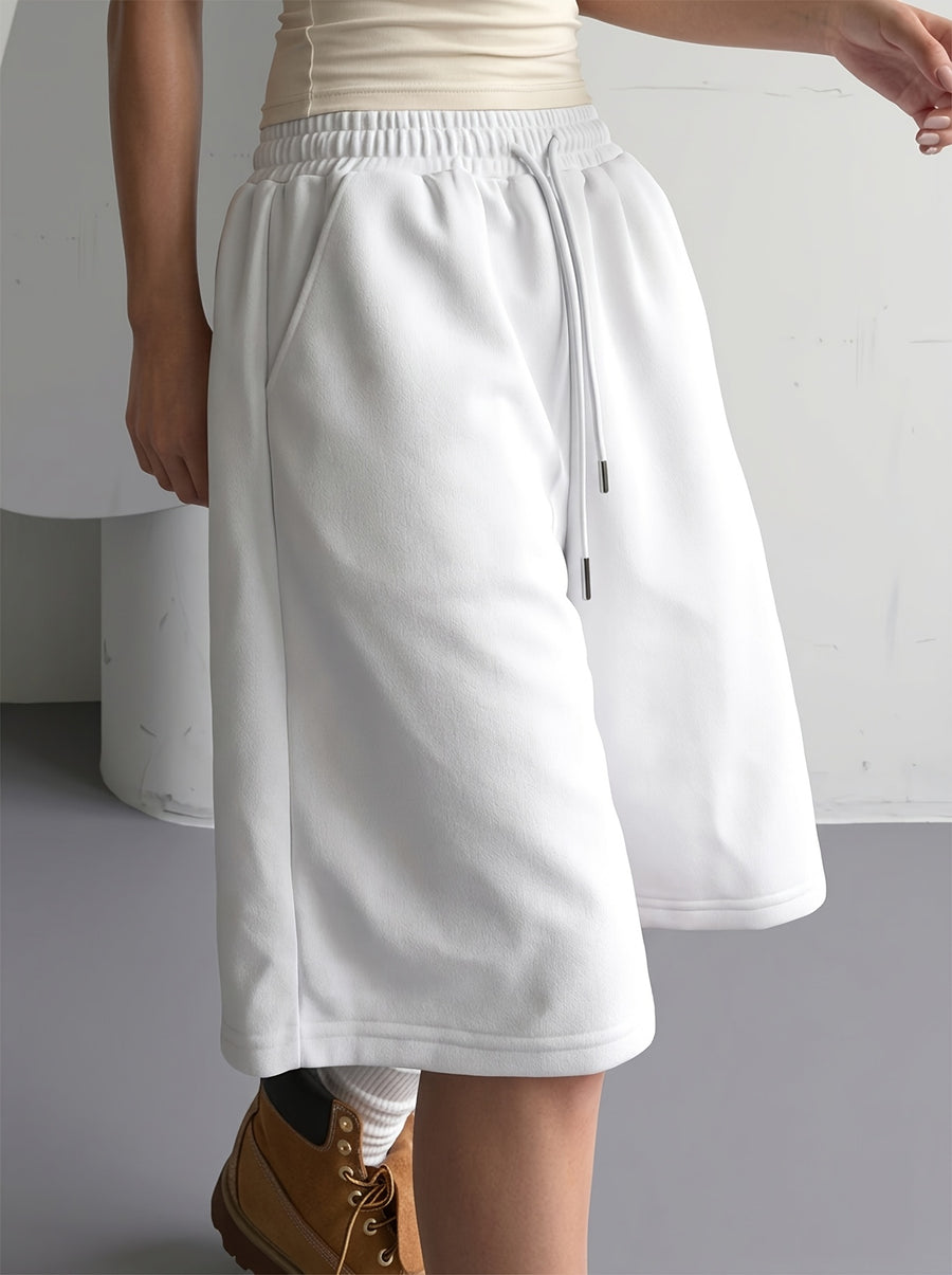 Women'S Elastic Waist Drawstring Tie Loose Bermuda Shorts, Casual Street Style, Women'S Summer - White