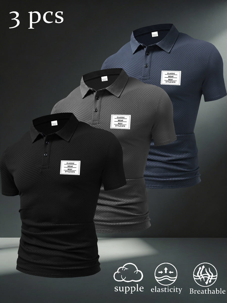 3pcs Men'S Casual Polo Shirt Set, Creative Print Patterns, Short Sleeve, Golf And Outdoor Sports Apparel, Breathable Comfortable Fabric, Regular Fit - Black + Dark Gray + Navy Blue