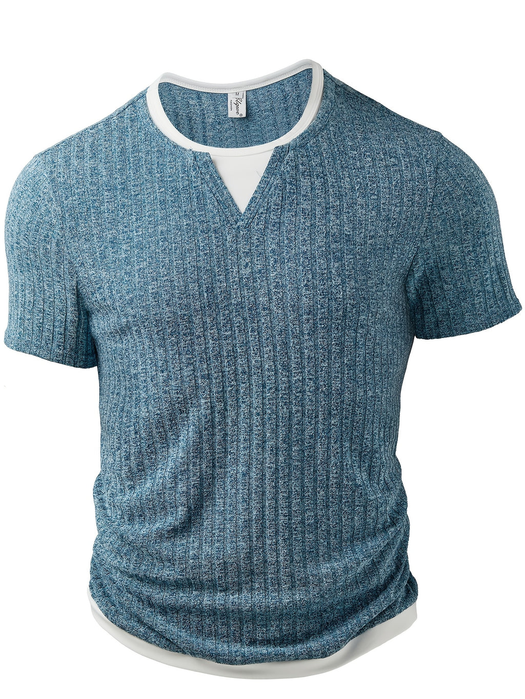 Men'S Fashion Men'S Top, Spring Summer Casual Trendy Ribbed Texture Fabric Fake Two-Piece Contrast Round Neck Short Sleeve Men'S Henley Shirt - Powder blue