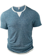 Men'S Fashion Men'S Top, Spring Summer Casual Trendy Ribbed Texture Fabric Fake Two-Piece Contrast Round Neck Short Sleeve Men'S Henley Shirt - Powder blue