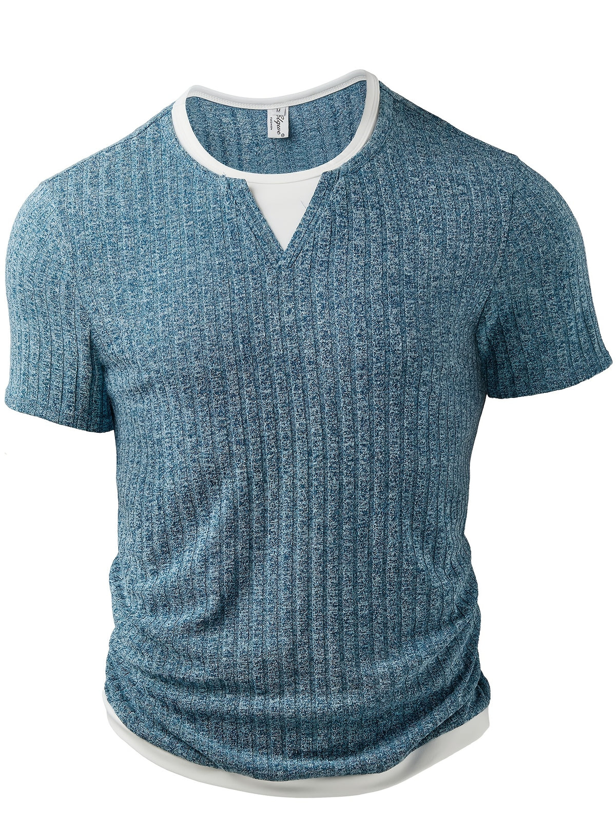 Men'S Fashion Men'S Top, Spring Summer Casual Trendy Ribbed Texture Fabric Fake Two-Piece Contrast Round Neck Short Sleeve Men'S Henley Shirt - Powder blue