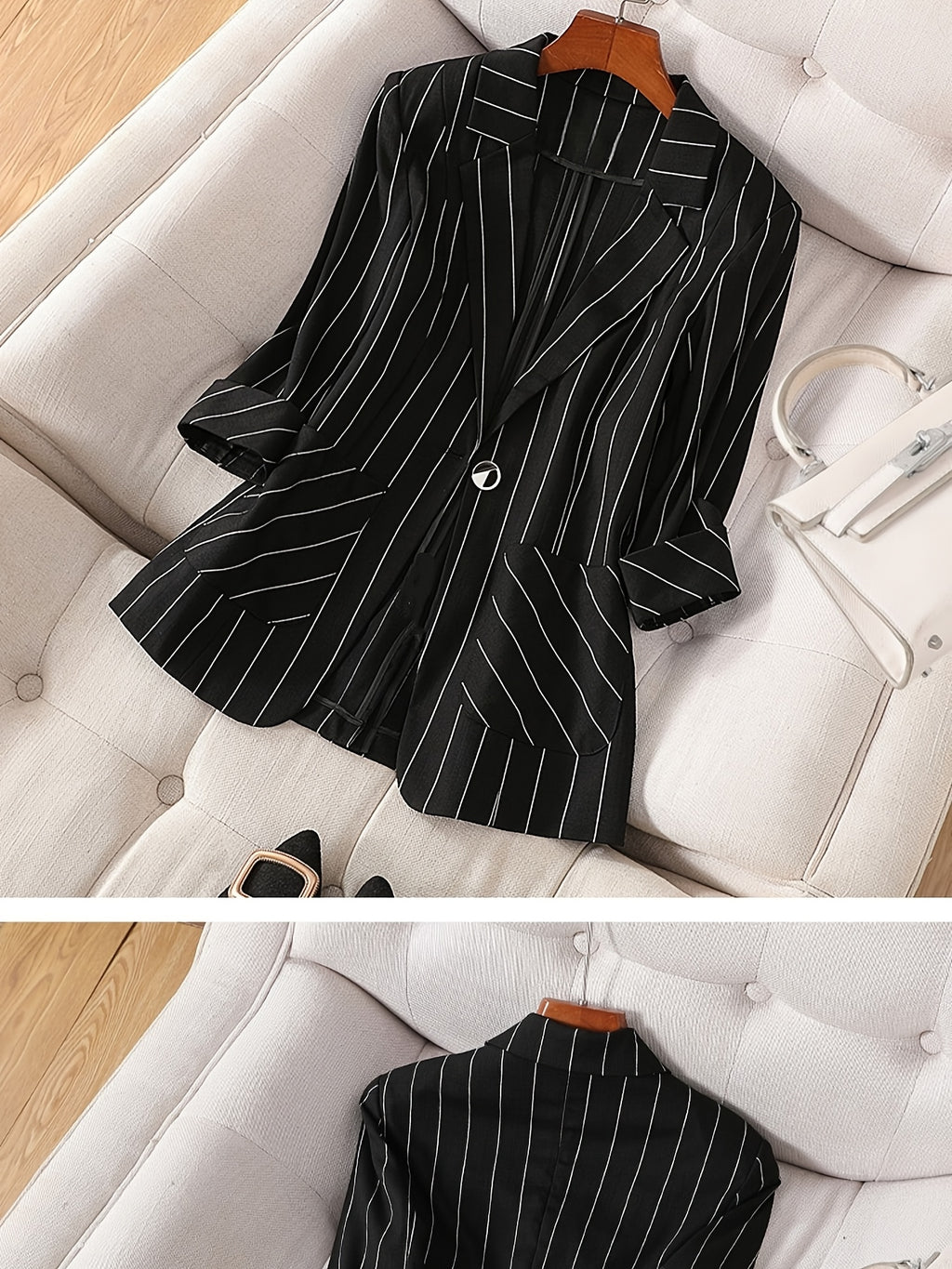 Color- Vertical Stripe Black and White Three-quarter Sleeve Turn-up Cuff Suit Jacket with Metal Buttons, Lined Inner Jacket, Front Lining, Piping Design, Textured Top - Black