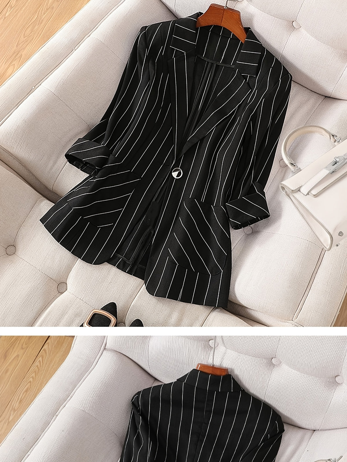 Color- Vertical Stripe Black and White Three-quarter Sleeve Turn-up Cuff Suit Jacket with Metal Buttons, Lined Inner Jacket, Front Lining, Piping Design, Textured Top - Black