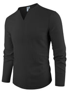 Spring New Men'S Long Sleeve Shirt Solid Color Loose Casual Soft Shirt Basic Daily Fashion V-Neck Men'S Top - Soot Black