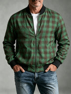 Men's Vintage Waffle Check Baseball Jacket with Zipper Front & Collar - Multi-Color Plaid Cardigan Coat (Black/White/Red/Brown/Green), Machine Washable Suitable for Commuting, Casual Streetwear Outerwear, Spring/Autumn Daily Jacket - Green Brown