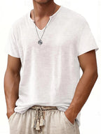 Men's Short Sleeve V-Neck T-Shirt - Breathable Summer Casual Solid Color Round Suitable for Hot Weather, Machine Washable V-Neck Top with Short Sleeves, Non- Fabric for Casual Attire, Office & Layering (No Transparency)，Fashion Trends Wear - White