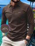 GC2-3510# A New Long-Sleeve Polo Shirt for The Autumn And Season Featuring a Minimalist Mountain Pattern Print. It Boasts a Classic And Mature Design with a High-Quality Feel. The Collared Top Is Made from Comfortable And Breathable Fabric That Is W - Coffee Brown